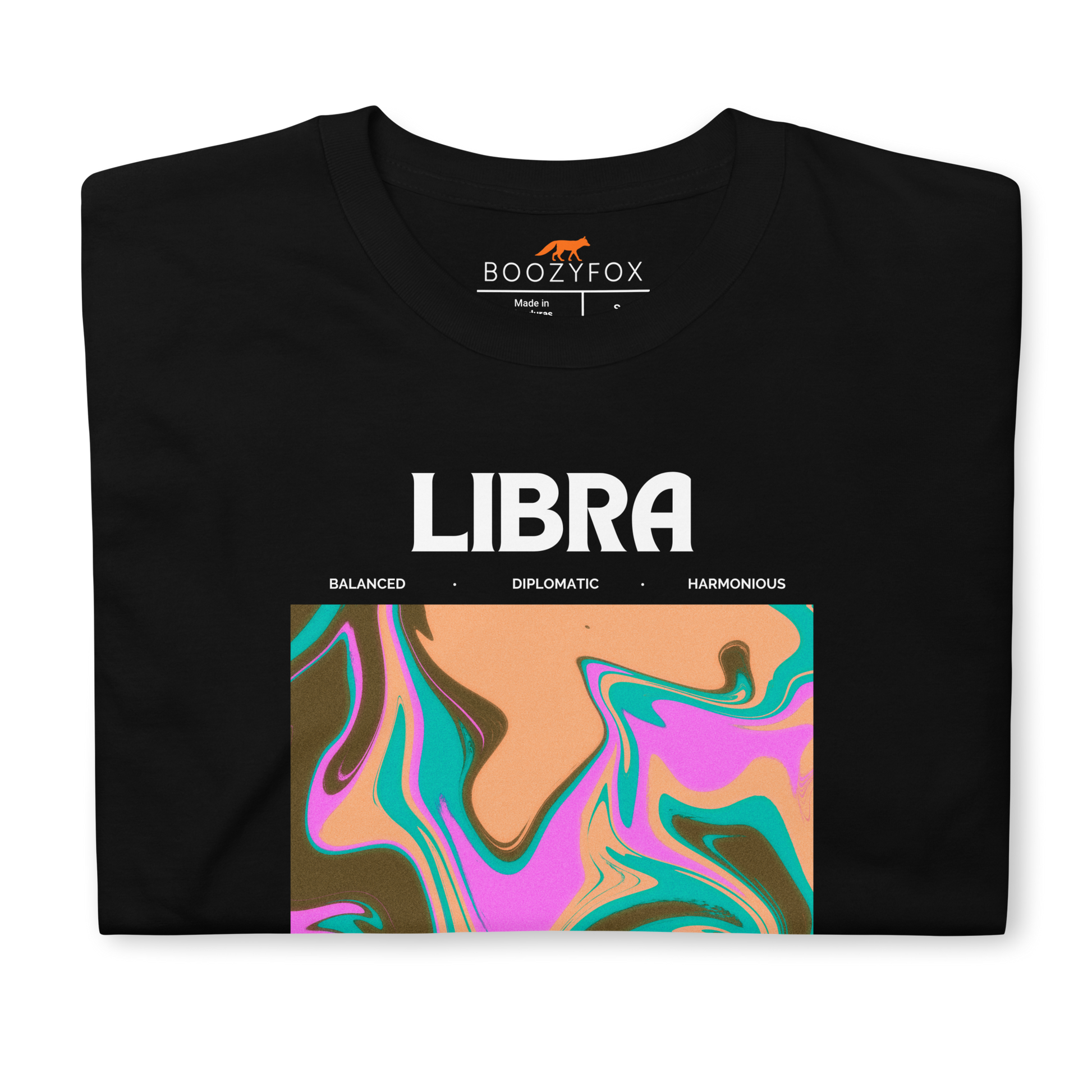 Front details of a Black Libra T-Shirt featuring an Abstract Libra Star Sign graphic on the chest - Cool Graphic Zodiac T-Shirts - Boozy Fox