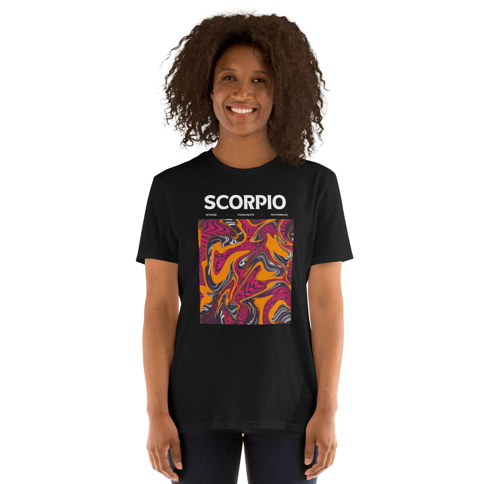 Smiling woman wearing a Black Scorpio T-Shirt featuring an Abstract Scorpio Star Sign graphic on the chest - Cool Graphic Zodiac T-Shirts - Boozy Fox