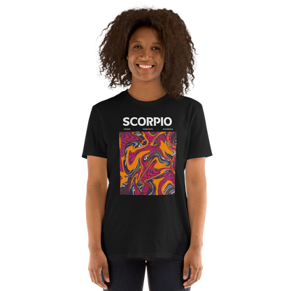 Smiling woman wearing a Black Scorpio T-Shirt featuring an Abstract Scorpio Star Sign graphic on the chest - Cool Graphic Zodiac T-Shirts - Boozy Fox
