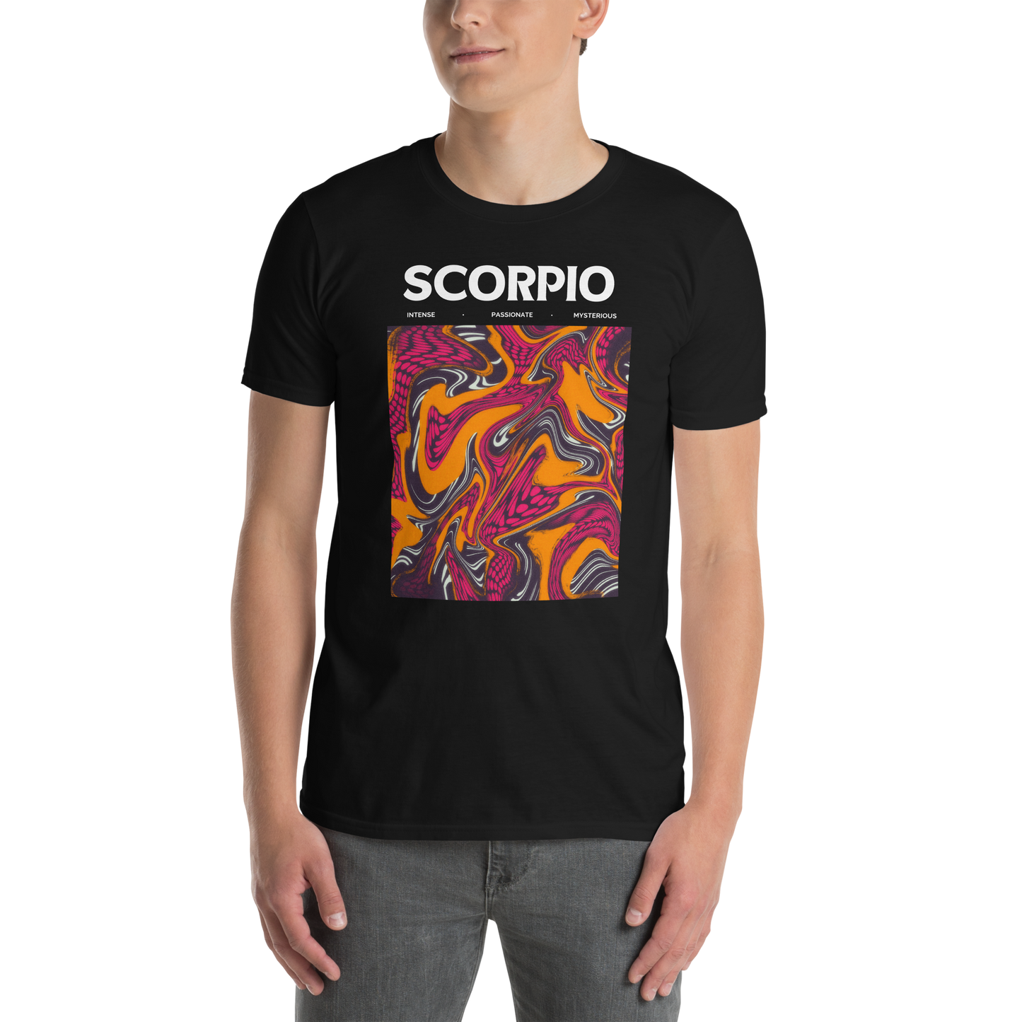 Man wearing a Black Scorpio T-Shirt featuring an Abstract Scorpio Star Sign graphic on the chest - Cool Graphic Zodiac T-Shirts - Boozy Fox