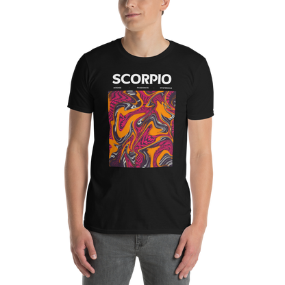 Man wearing a Black Scorpio T-Shirt featuring an Abstract Scorpio Star Sign graphic on the chest - Cool Graphic Zodiac T-Shirts - Boozy Fox
