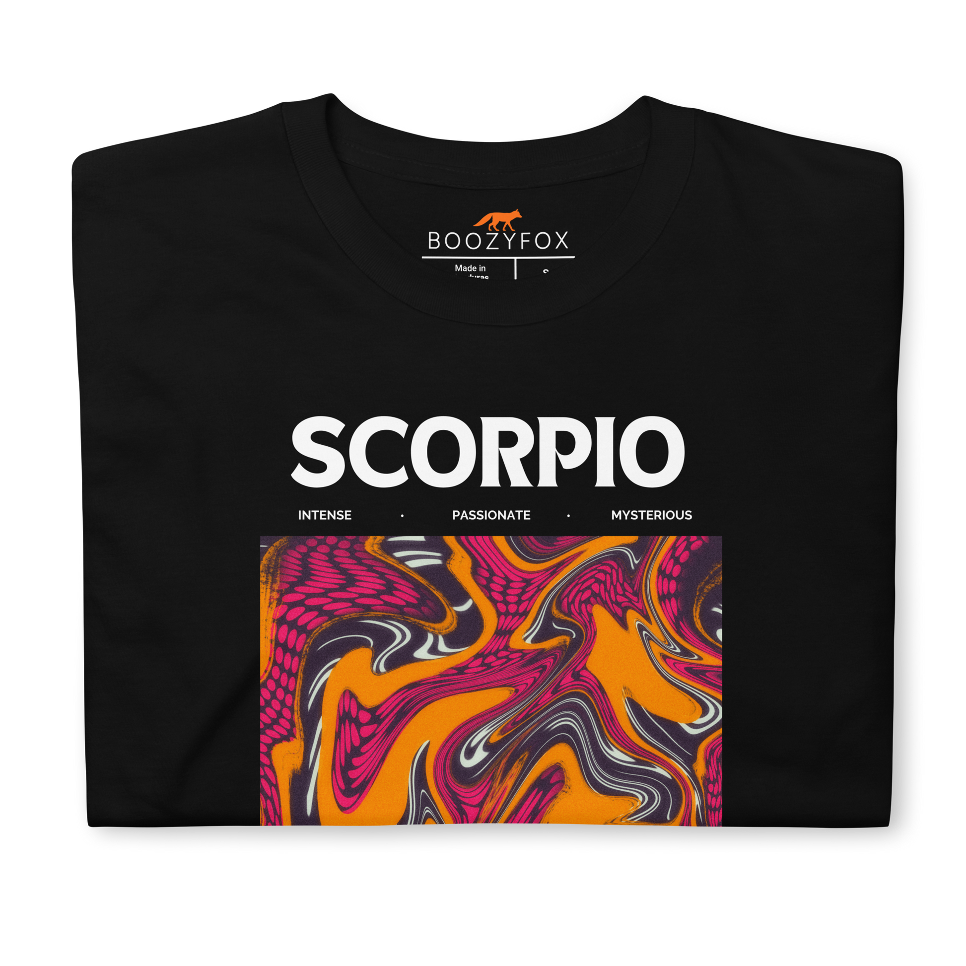 Front details of a Black Scorpio T-Shirt featuring an Abstract Scorpio Star Sign graphic on the chest - Cool Graphic Zodiac T-Shirts - Boozy Fox