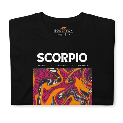 Front details of a Black Scorpio T-Shirt featuring an Abstract Scorpio Star Sign graphic on the chest - Cool Graphic Zodiac T-Shirts - Boozy Fox