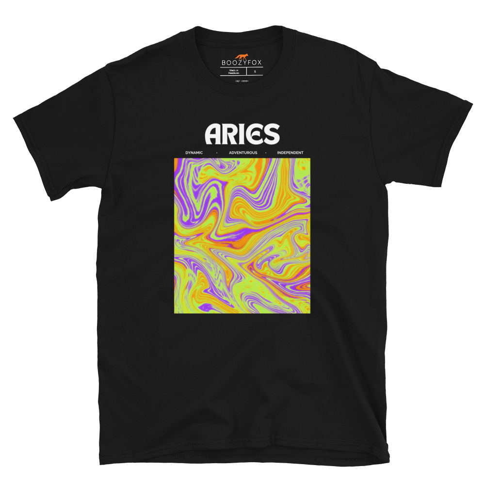 Black Aries T-Shirt featuring an Abstract Aries Star Sign graphic on the chest - Cool Graphic Zodiac T-Shirts - Boozy Fox