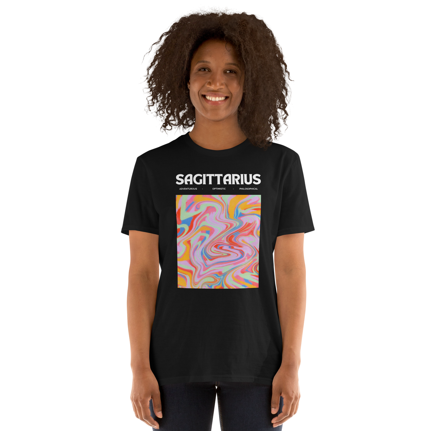 Smiling woman wearing a Black Sagittarius T-Shirt featuring an Abstract Sagittarius Star Sign graphic on the chest - Cool Graphic Zodiac T-Shirts - Boozy Fox