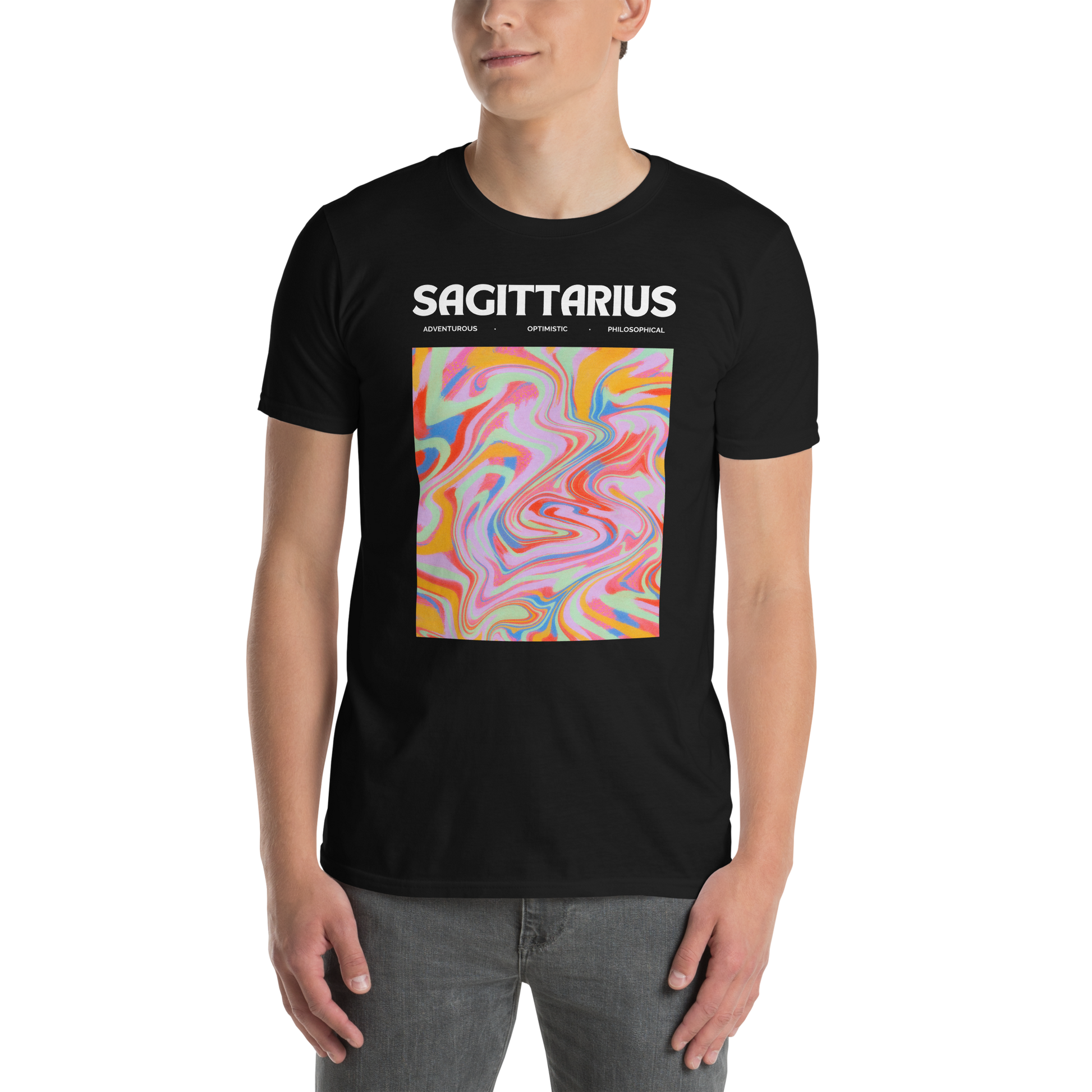 Man wearing a Black Sagittarius T-Shirt featuring an Abstract Sagittarius Star Sign graphic on the chest - Cool Graphic Zodiac T-Shirts - Boozy Fox