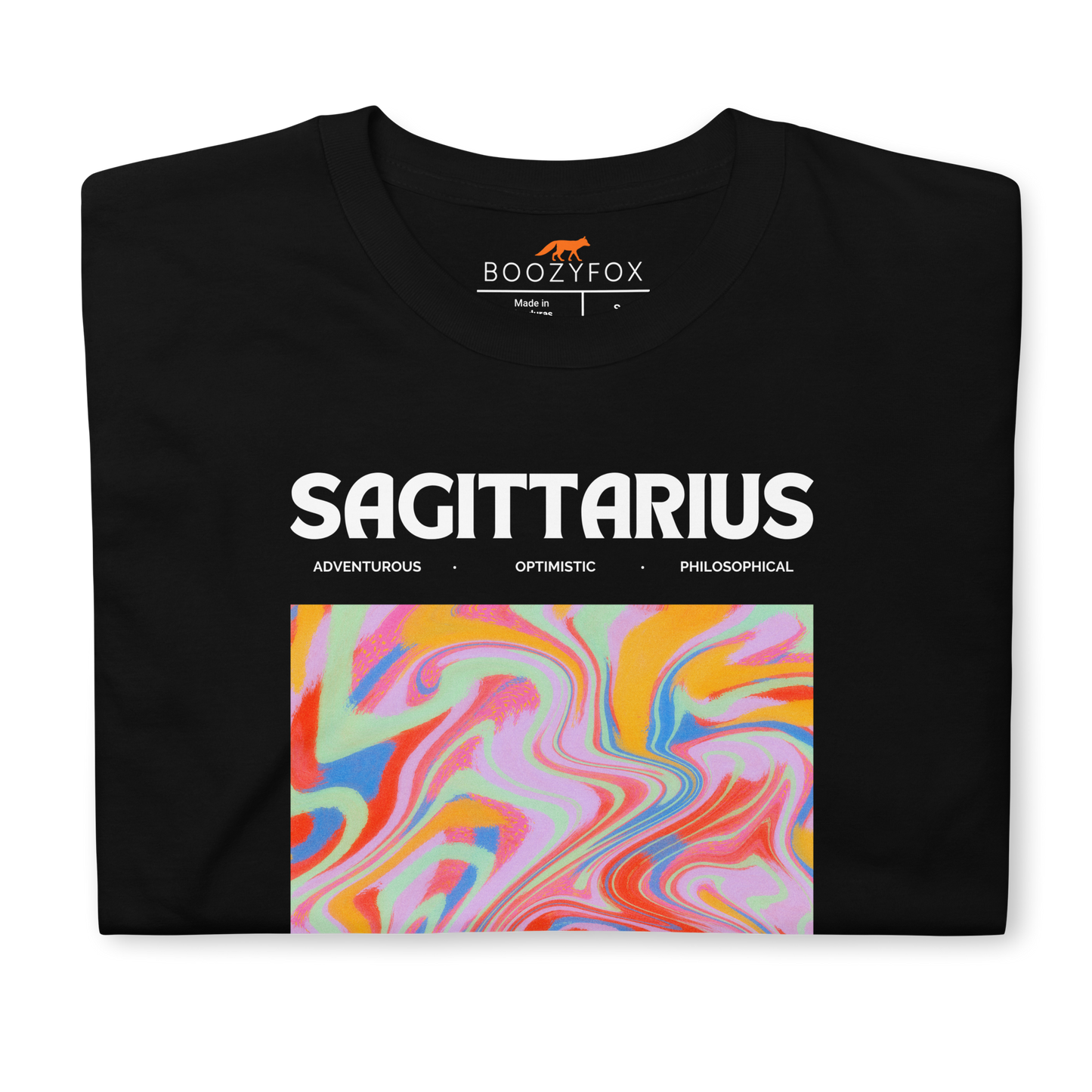 Front details of a Black Sagittarius T-Shirt featuring an Abstract Sagittarius Star Sign graphic on the chest - Cool Graphic Zodiac T-Shirts - Boozy Fox