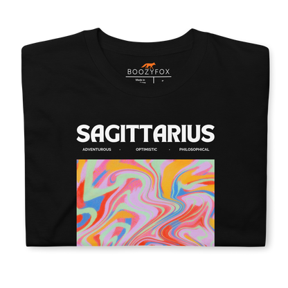 Front details of a Black Sagittarius T-Shirt featuring an Abstract Sagittarius Star Sign graphic on the chest - Cool Graphic Zodiac T-Shirts - Boozy Fox