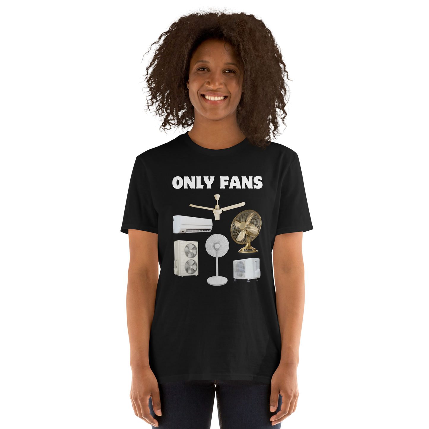 Smiling woman wearing a Black Only Fans T-Shirt featuring a fun Only Fans graphic on the chest - Best Graphic T-Shirts - Boozy Fox