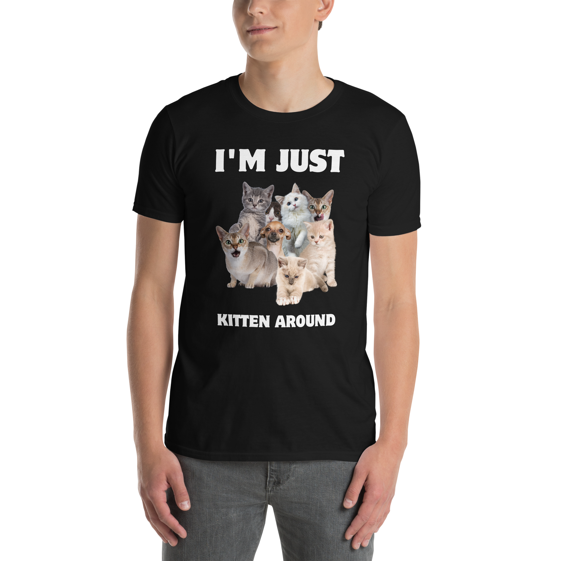 Man wearing a Black Cat T-Shirt featuring an I'm Just Kitten Around graphic on the chest - Funny Graphic Cat T-shirts - Boozy Fox