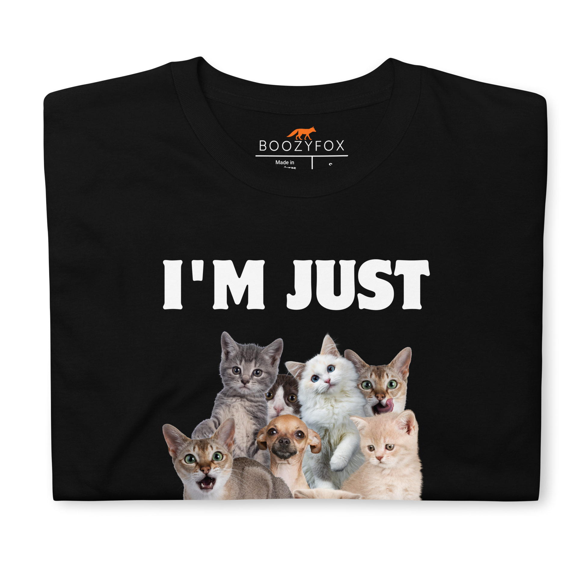 Front details of a Black Cat T-Shirt featuring an I'm Just Kitten Around graphic on the chest - Funny Graphic Cat T-shirts - Boozy Fox