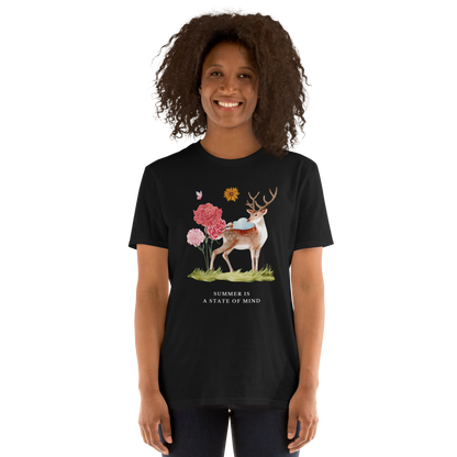 Woman wearing a Black Summer Is a State of Mind T-Shirt Featuring a Summer Is a State of Mind graphic on the chest - Cute Graphic Summer T-Shirts - Boozy Fox