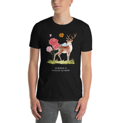 Man wearing a Black Summer Is a State of Mind T-Shirt Featuring a Summer Is a State of Mind graphic on the chest - Cute Graphic Summer T-Shirts - Boozy Fox