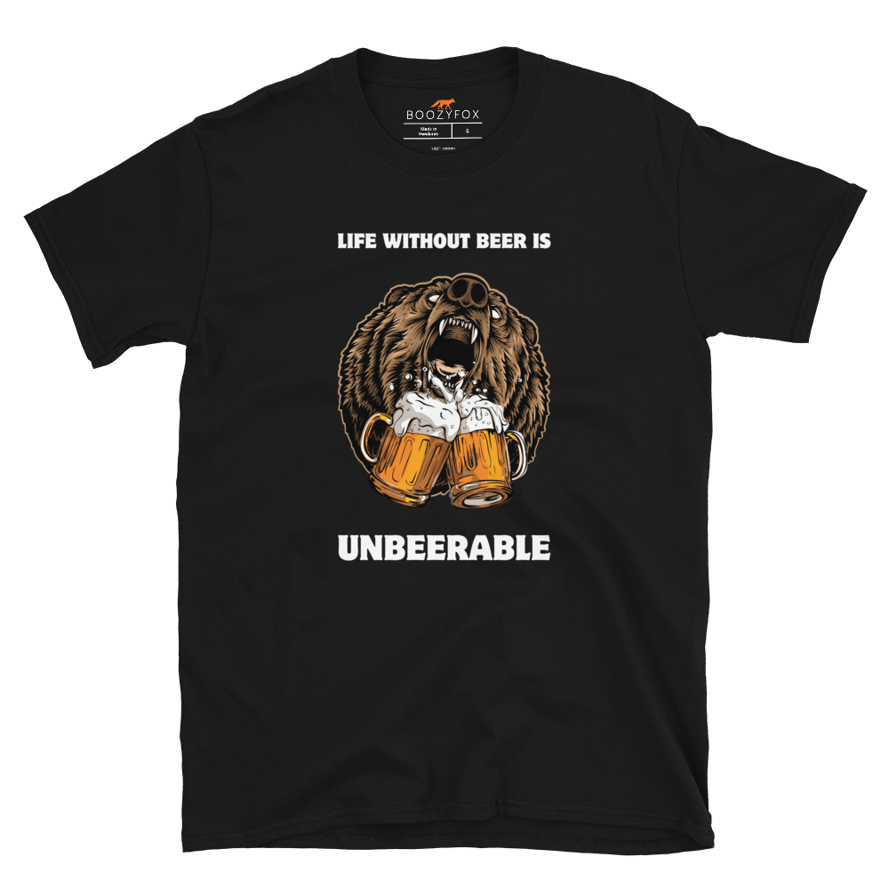 Black Bear T-Shirt featuring a Life Without Beer Is Unbeerable graphic on the chest - Funny Graphic Bear T-Shirts - Boozy Fox