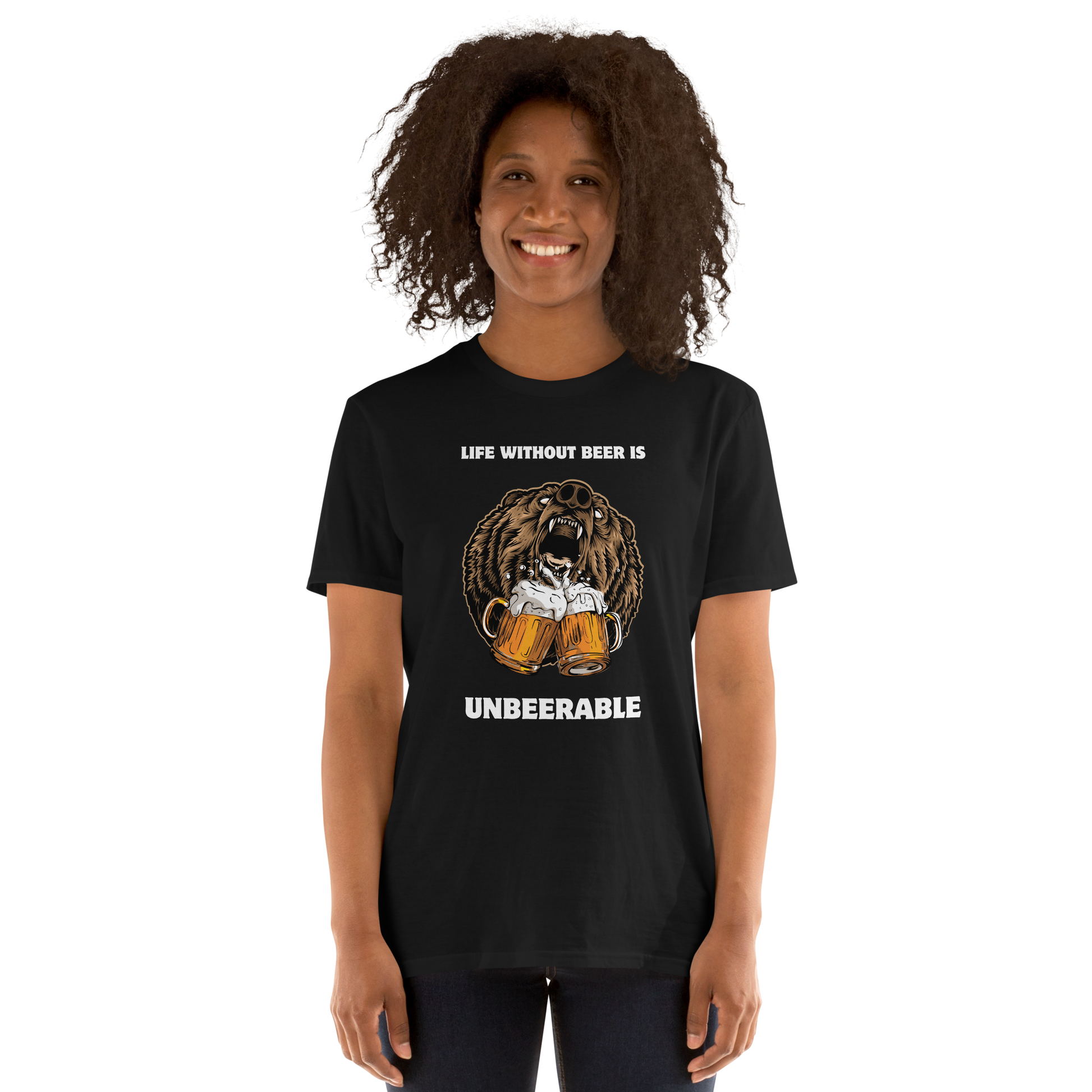 Woman wearing a Black Bear T-Shirt featuring a Life Without Beer Is Unbeerable graphic on the chest - Funny Graphic Bear T-Shirts - Boozy Fox