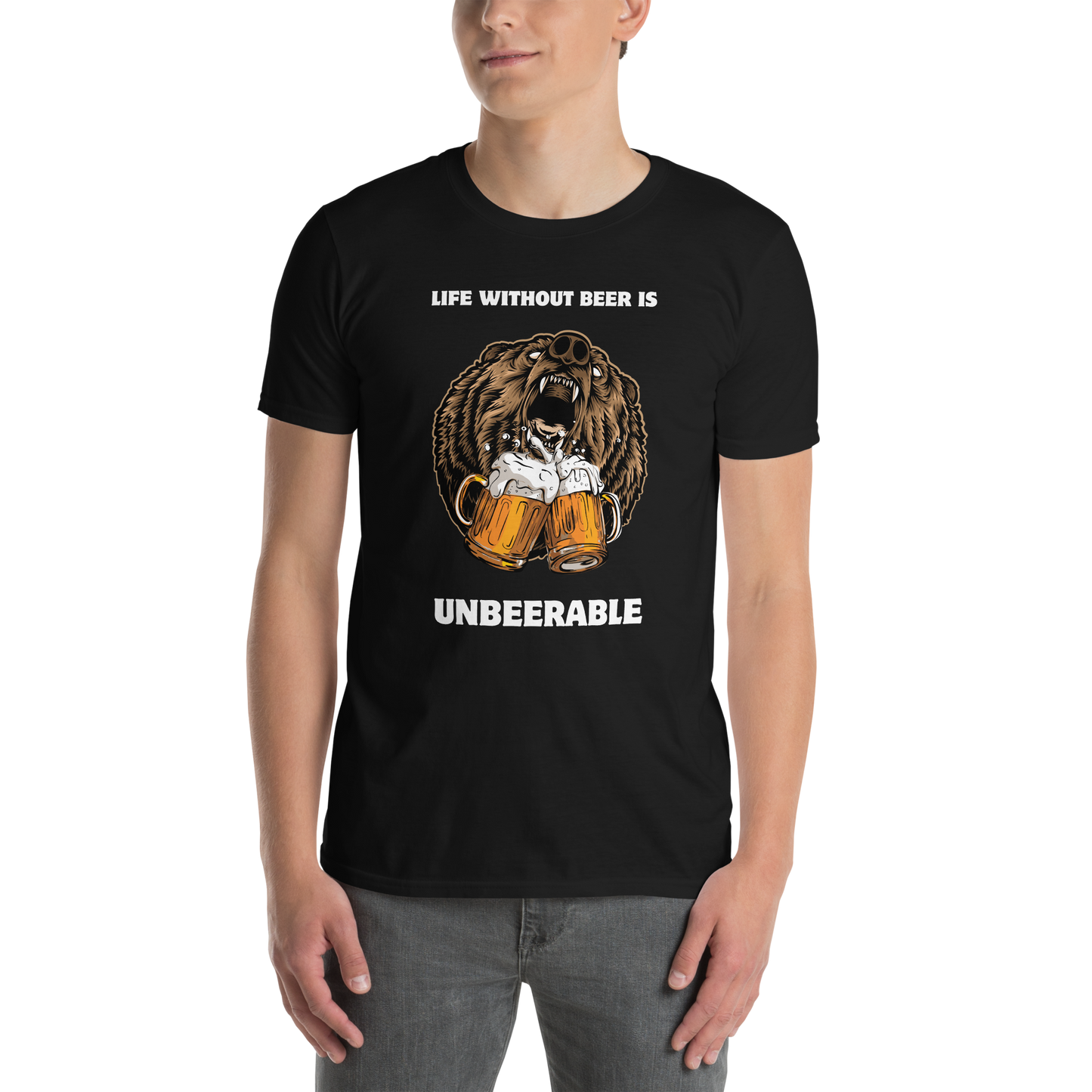 Man wearing a Black Bear T-Shirt featuring a Life Without Beer Is Unbeerable graphic on the chest - Funny Graphic Bear T-Shirts - Boozy Fox