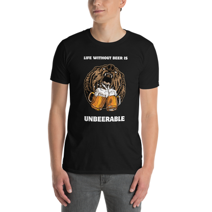 Man wearing a Black Bear T-Shirt featuring a Life Without Beer Is Unbeerable graphic on the chest - Funny Graphic Bear T-Shirts - Boozy Fox