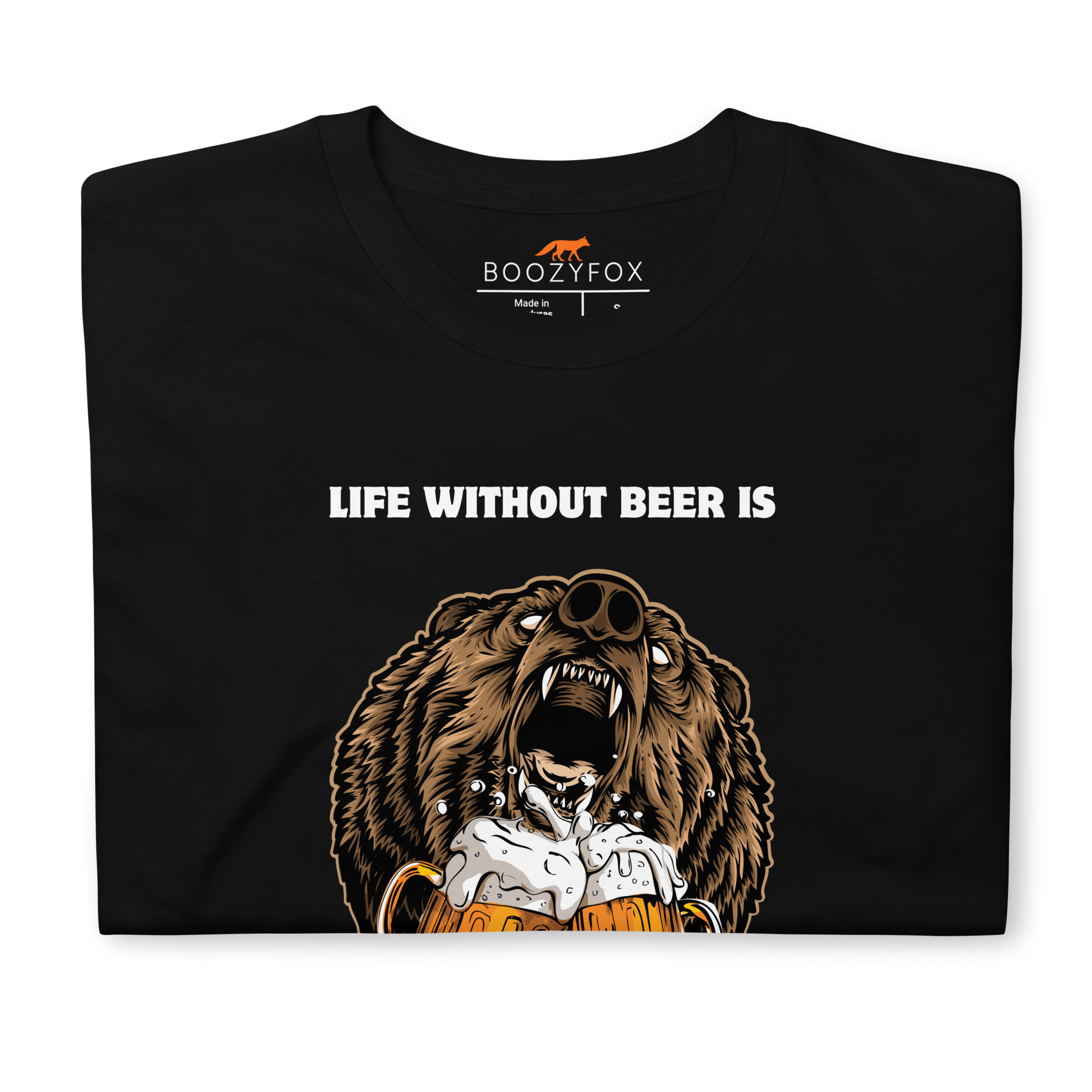 Front details of a Black Bear T-Shirt featuring a Life Without Beer Is Unbeerable graphic on the chest - Funny Graphic Bear T-Shirts - Boozy Fox