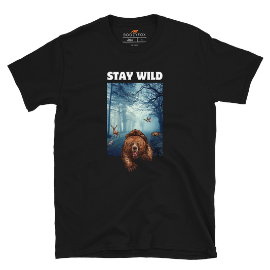 Black Bear T-Shirt featuring a Stay Wild graphic on the chest - Cool Graphic Bear T-Shirts - Boozy Fox