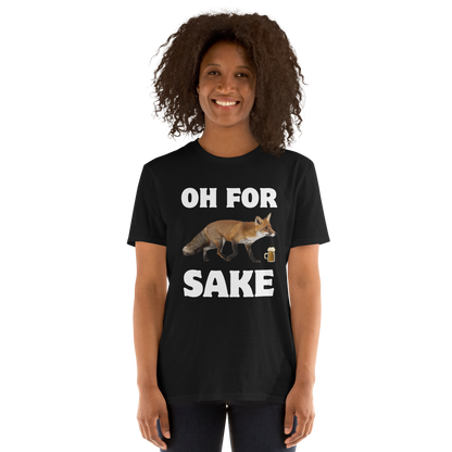 Woman wearing a Black Fox T-Shirt featuring a Oh For Fox Sake graphic on the chest - Funny Graphic Fox T-Shirts - Boozy Fox