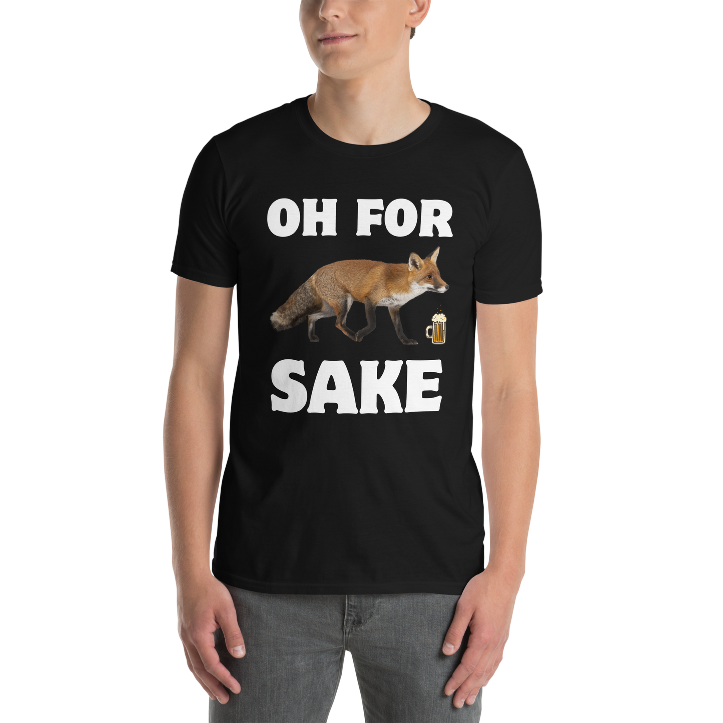 Man wearing a Black Fox T-Shirt featuring a Oh For Fox Sake graphic on the chest - Funny Graphic Fox T-Shirts - Boozy Fox