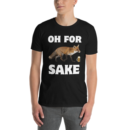 Man wearing a Black Fox T-Shirt featuring a Oh For Fox Sake graphic on the chest - Funny Graphic Fox T-Shirts - Boozy Fox
