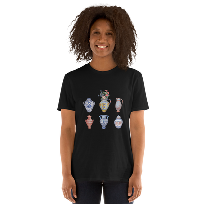 Smiling woman wearing a Black Vase T-Shirt featuring a chic vase graphic on the chest - Artsy Graphic Vase T-Shirts - Boozy Fox