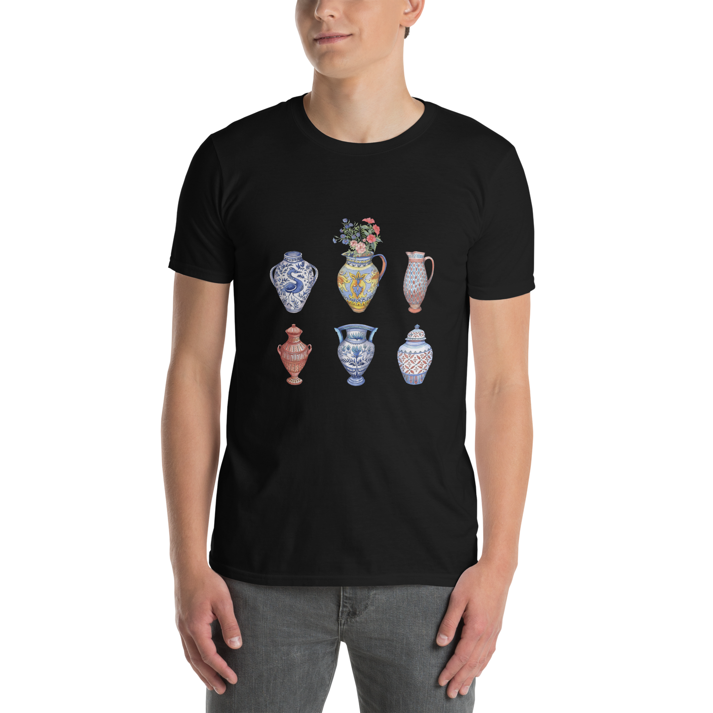 Man wearing a Black Vase T-Shirt featuring a chic vase graphic on the chest - Artsy Graphic Vase T-Shirts - Boozy Fox
