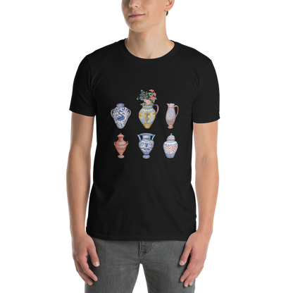 Man wearing a Black Vase T-Shirt featuring a chic vase graphic on the chest - Artsy Graphic Vase T-Shirts - Boozy Fox