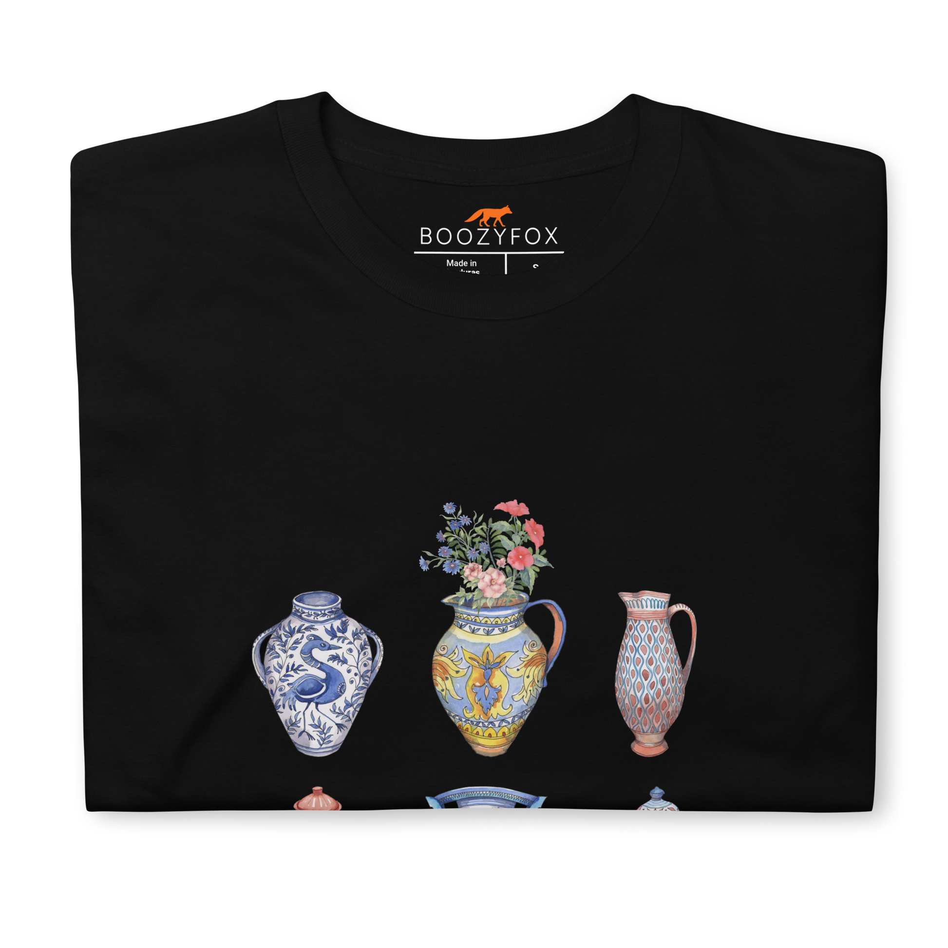 Front details of a Black Vase T-Shirt featuring a chic vase graphic on the chest - Artsy Graphic Vase T-Shirts - Boozy Fox