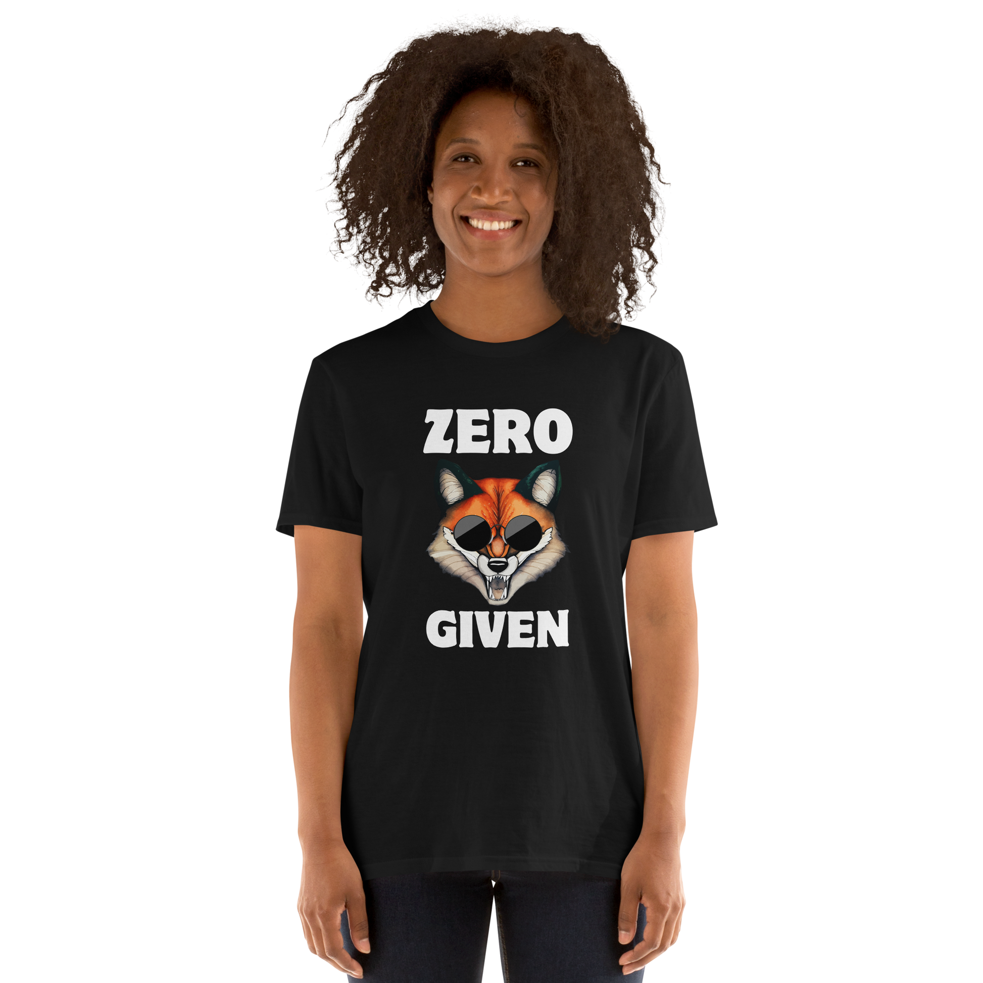 Woman wearing a Black Fox T-Shirt featuring a Zero Fox Given graphic on the chest - Funny Graphic Fox T-Shirts - Boozy Fox