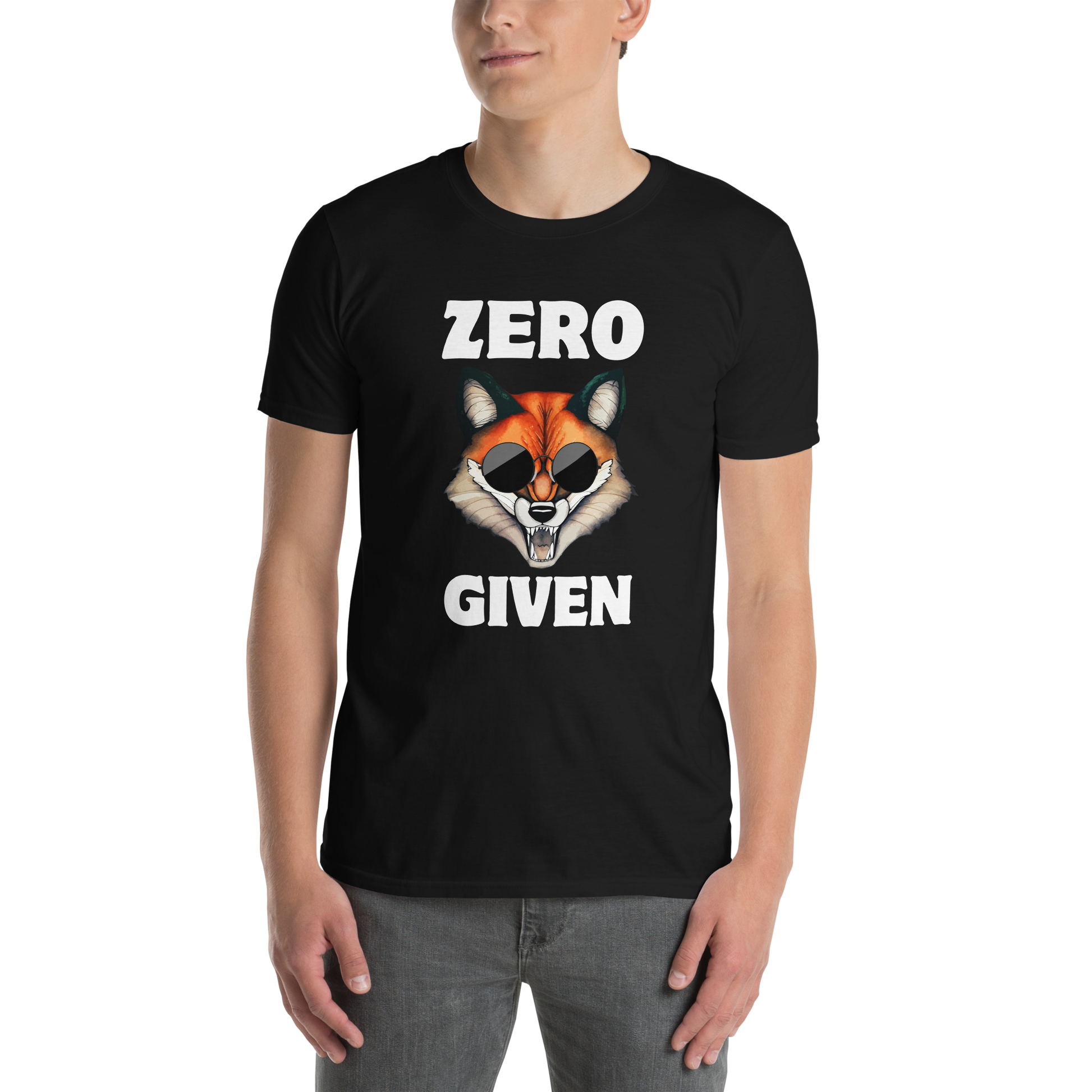 Man wearing a Black Fox T-Shirt featuring a Zero Fox Given graphic on the chest - Funny Graphic Fox T-Shirts - Boozy Fox