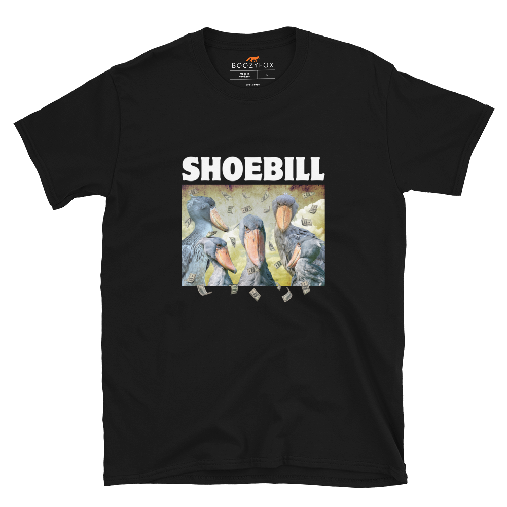 Black Shoebill T-Shirt featuring a cool Shoebill graphic on the chest - Artsy/Funny Graphic Shoebill Stork T-Shirts - Boozy Fox