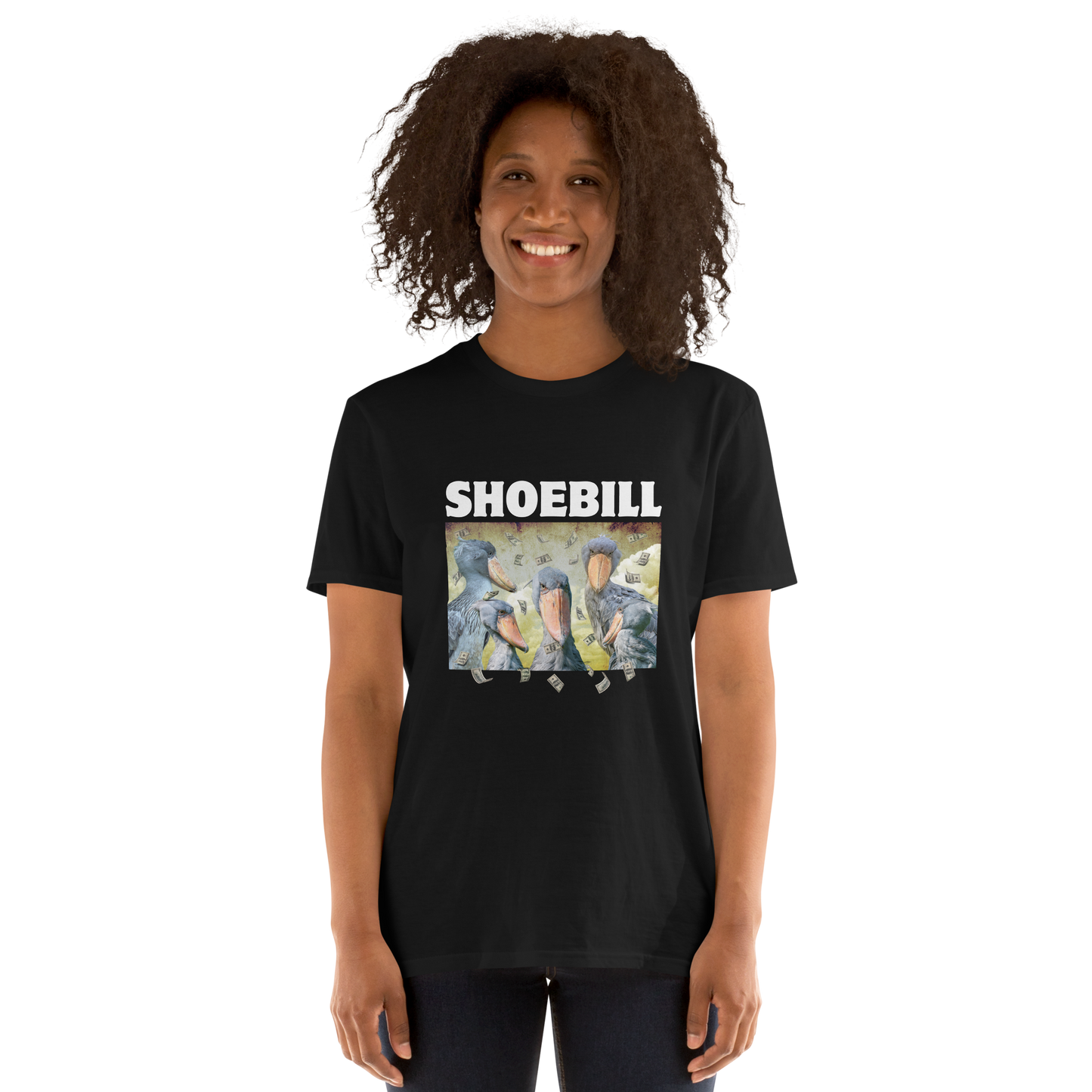 Woman wearing a Black Shoebill T-Shirt featuring a cool Shoebill graphic on the chest - Artsy/Funny Graphic Shoebill Stork T-Shirts - Boozy Fox