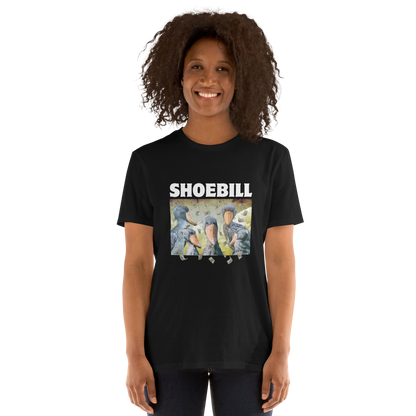 Woman wearing a Black Shoebill T-Shirt featuring a cool Shoebill graphic on the chest - Artsy/Funny Graphic Shoebill Stork T-Shirts - Boozy Fox