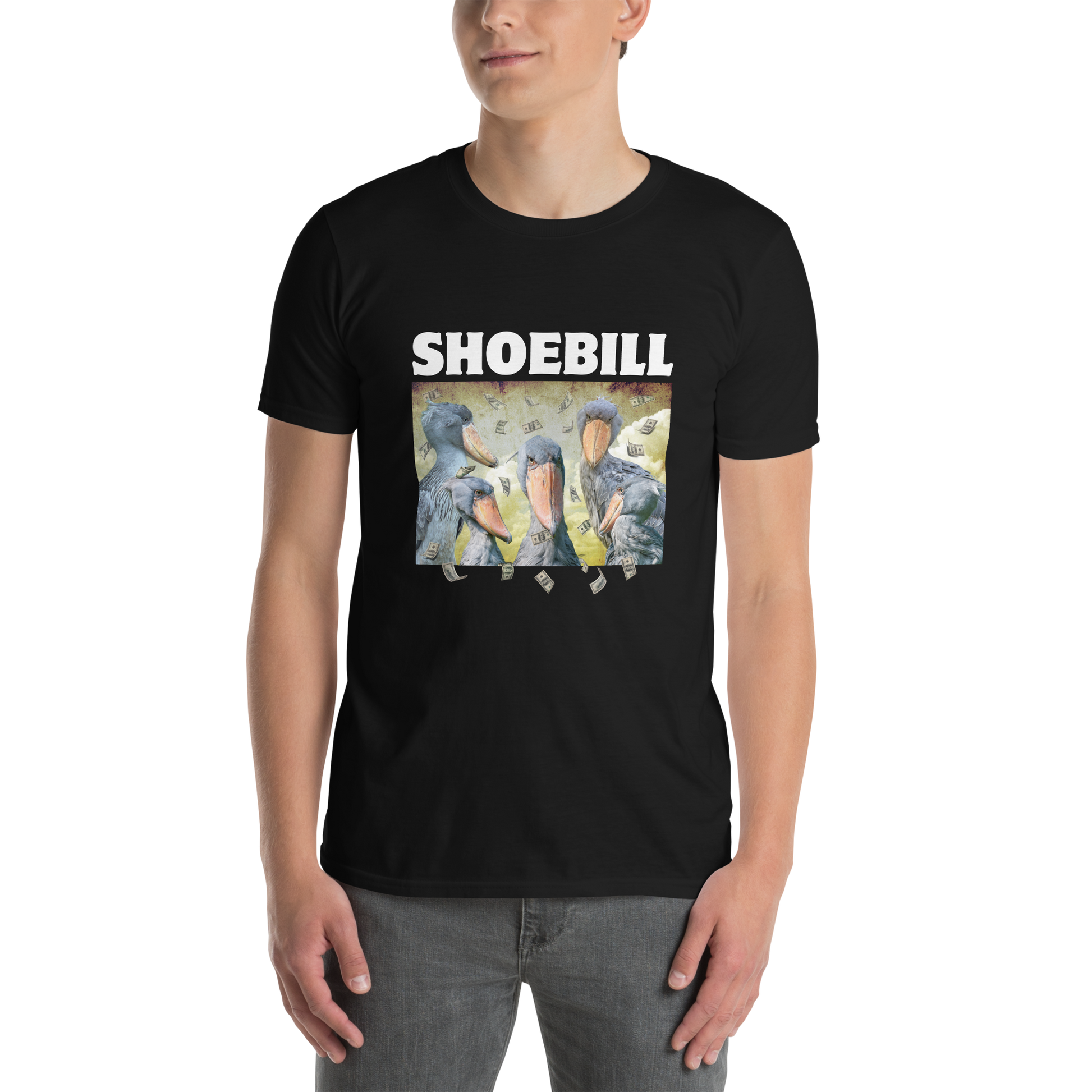 Man wearing a Black Shoebill T-Shirt featuring a cool Shoebill graphic on the chest - Artsy/Funny Graphic Shoebill Stork T-Shirts - Boozy Fox