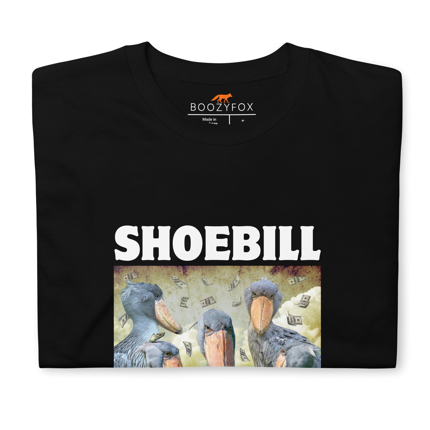 Front details of a Black Shoebill T-Shirt featuring a cool Shoebill graphic on the chest - Artsy/Funny Graphic Shoebill Stork T-Shirts - Boozy Fox