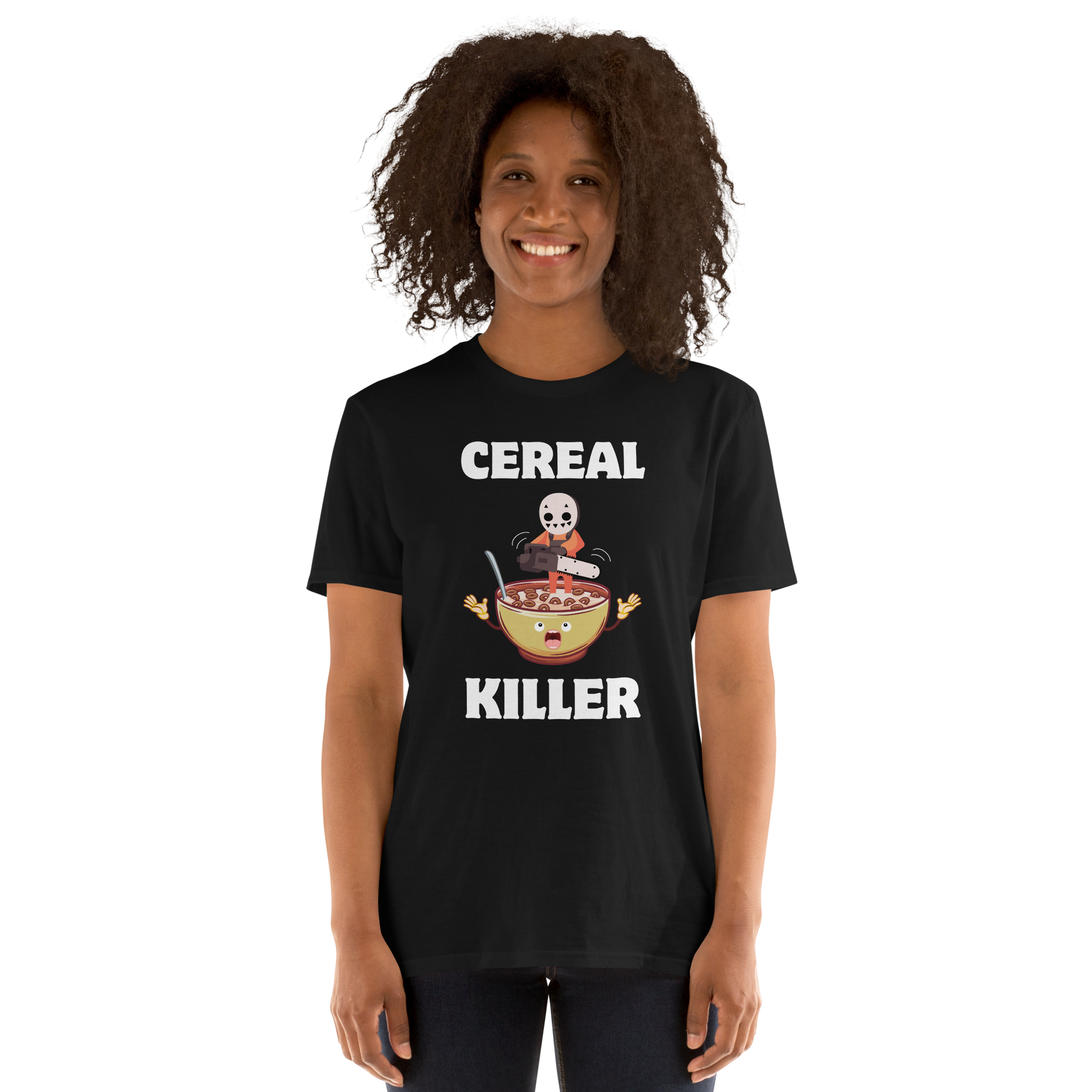 Woman wearing a Black Cereal Killer T-Shirt featuring a Cereal Killer graphic on the chest - Funny Graphic T-Shirts - Boozy Fox