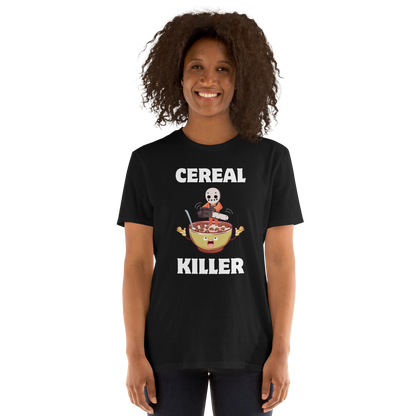 Woman wearing a Black Cereal Killer T-Shirt featuring a Cereal Killer graphic on the chest - Funny Graphic T-Shirts - Boozy Fox