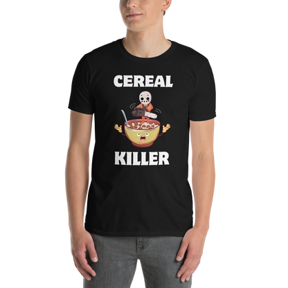 Man wearing a Black Cereal Killer T-Shirt featuring a Cereal Killer graphic on the chest - Funny Graphic T-Shirts - Boozy Fox