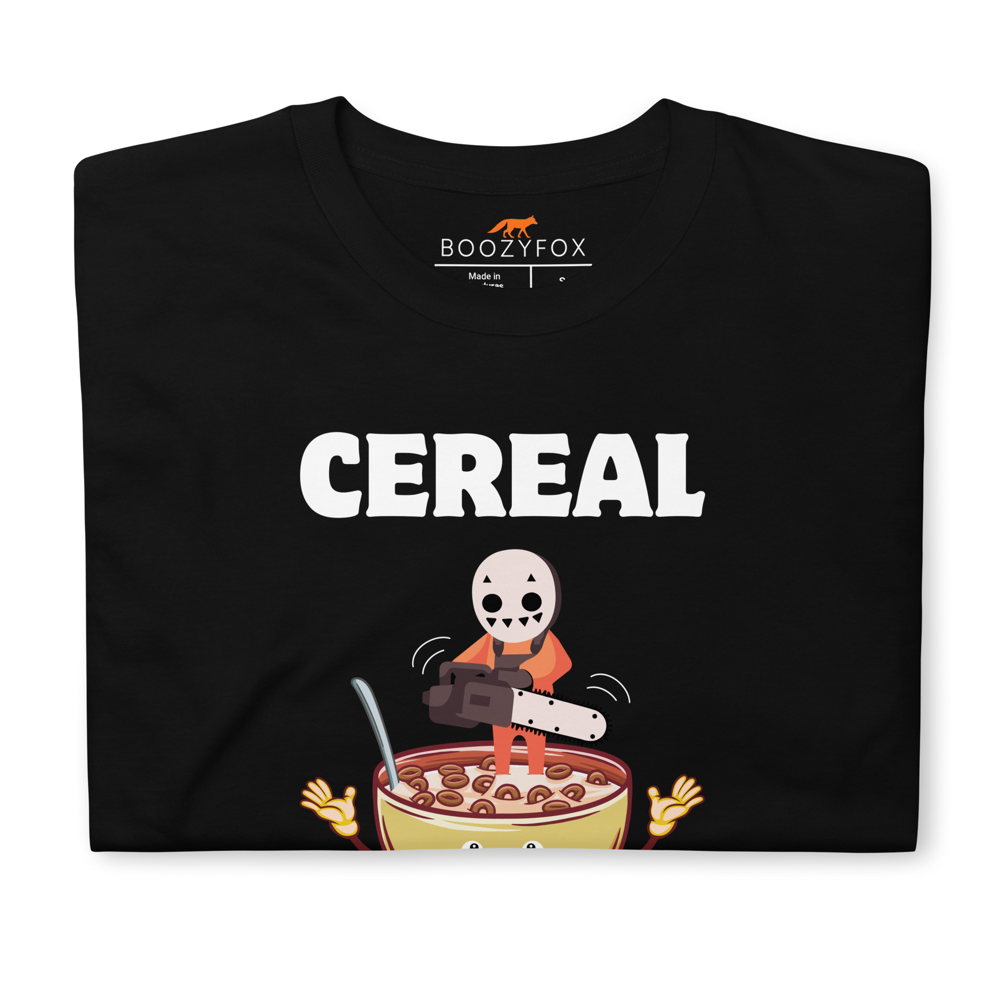 Front details of a Black Cereal Killer T-Shirt featuring a Cereal Killer graphic on the chest - Funny Graphic T-Shirts - Boozy Fox