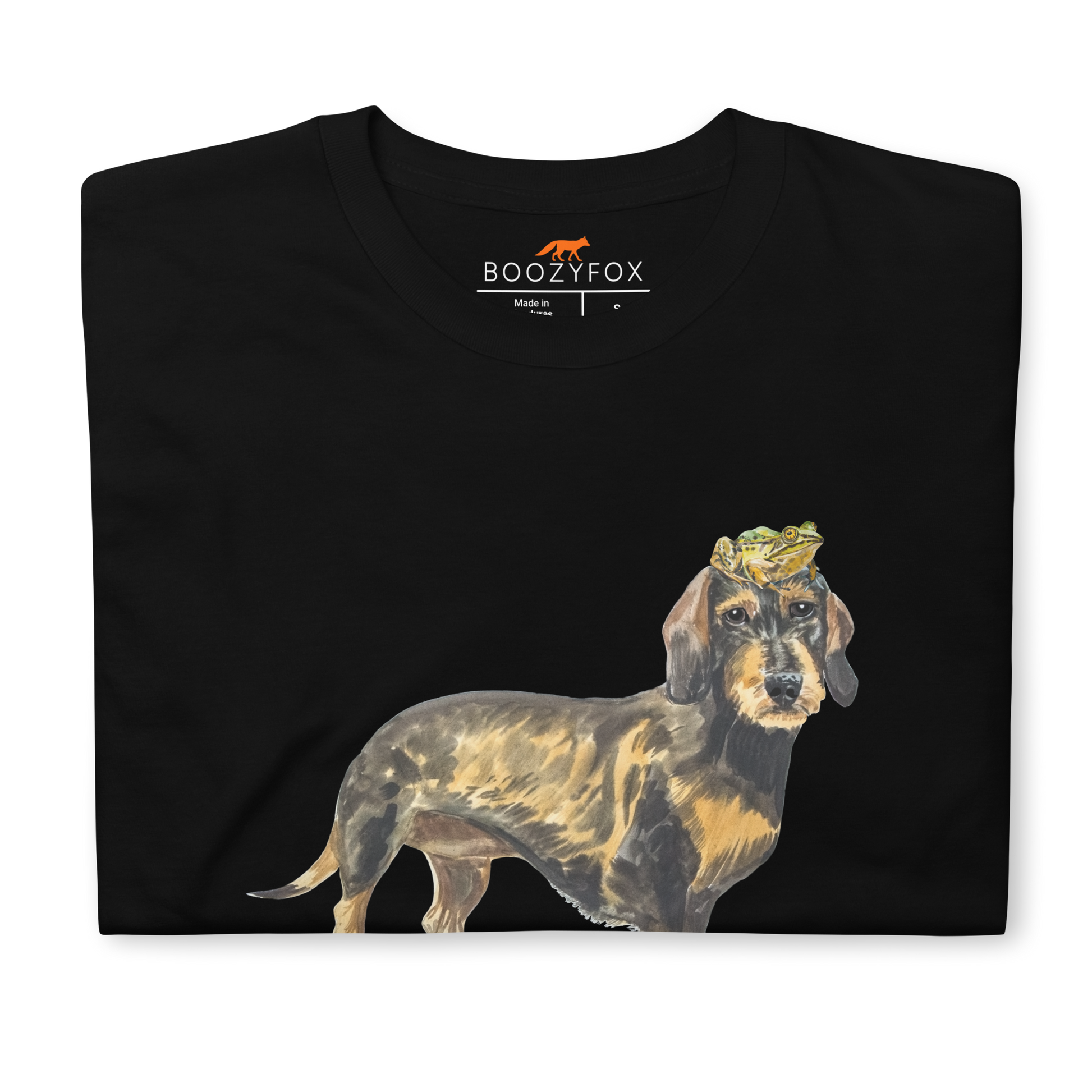 Front details of a black Dachshund T-Shirt - Boozy Fox