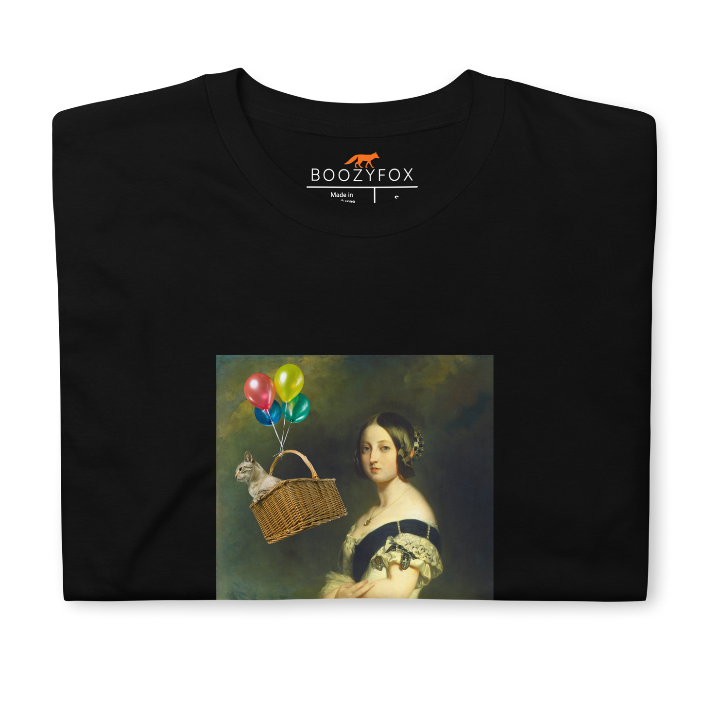 Front details of a black Young Queen Victoria T-Shirt - Boozy Fox