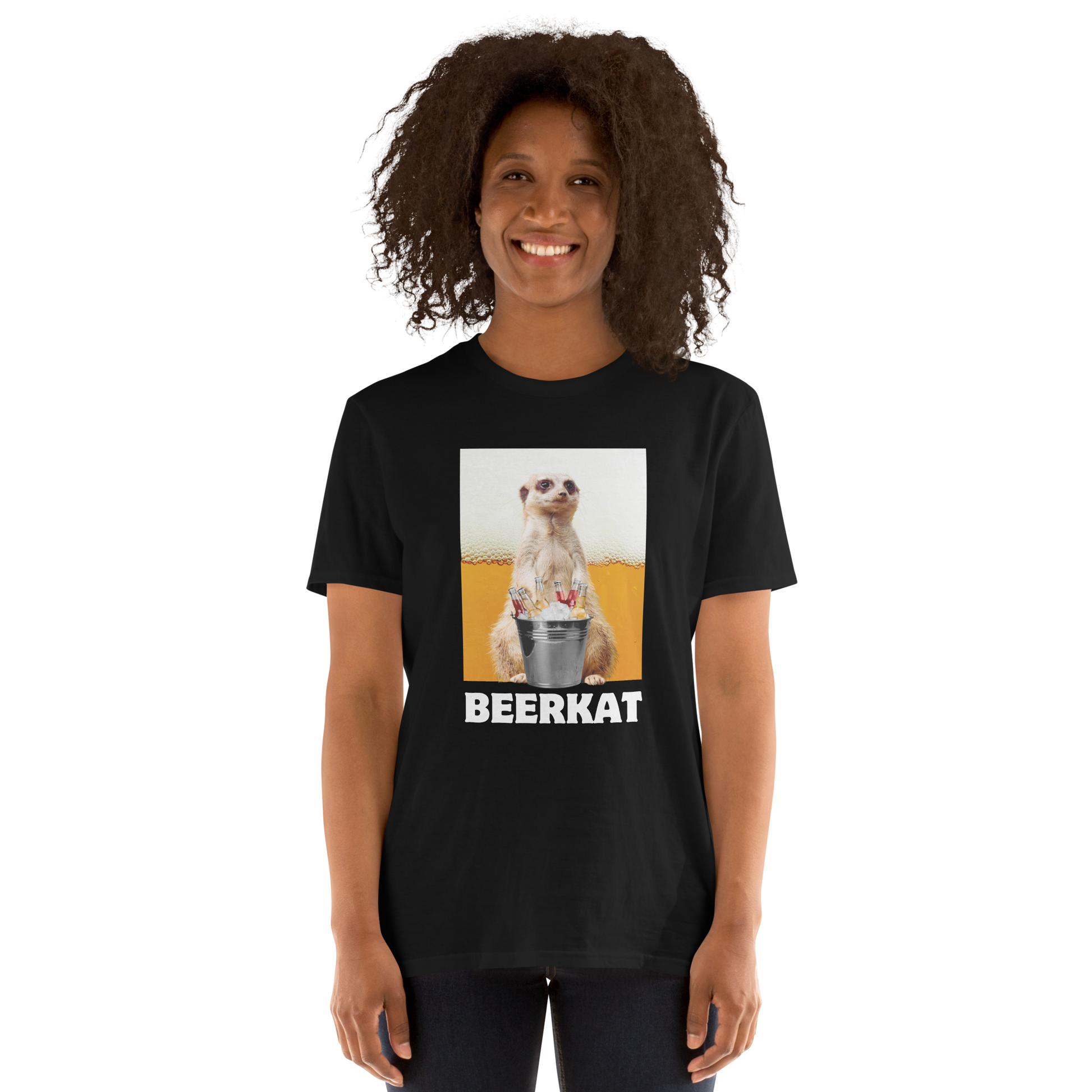 Woman wearing a Black Meerkat T-Shirt - Boozy Fox