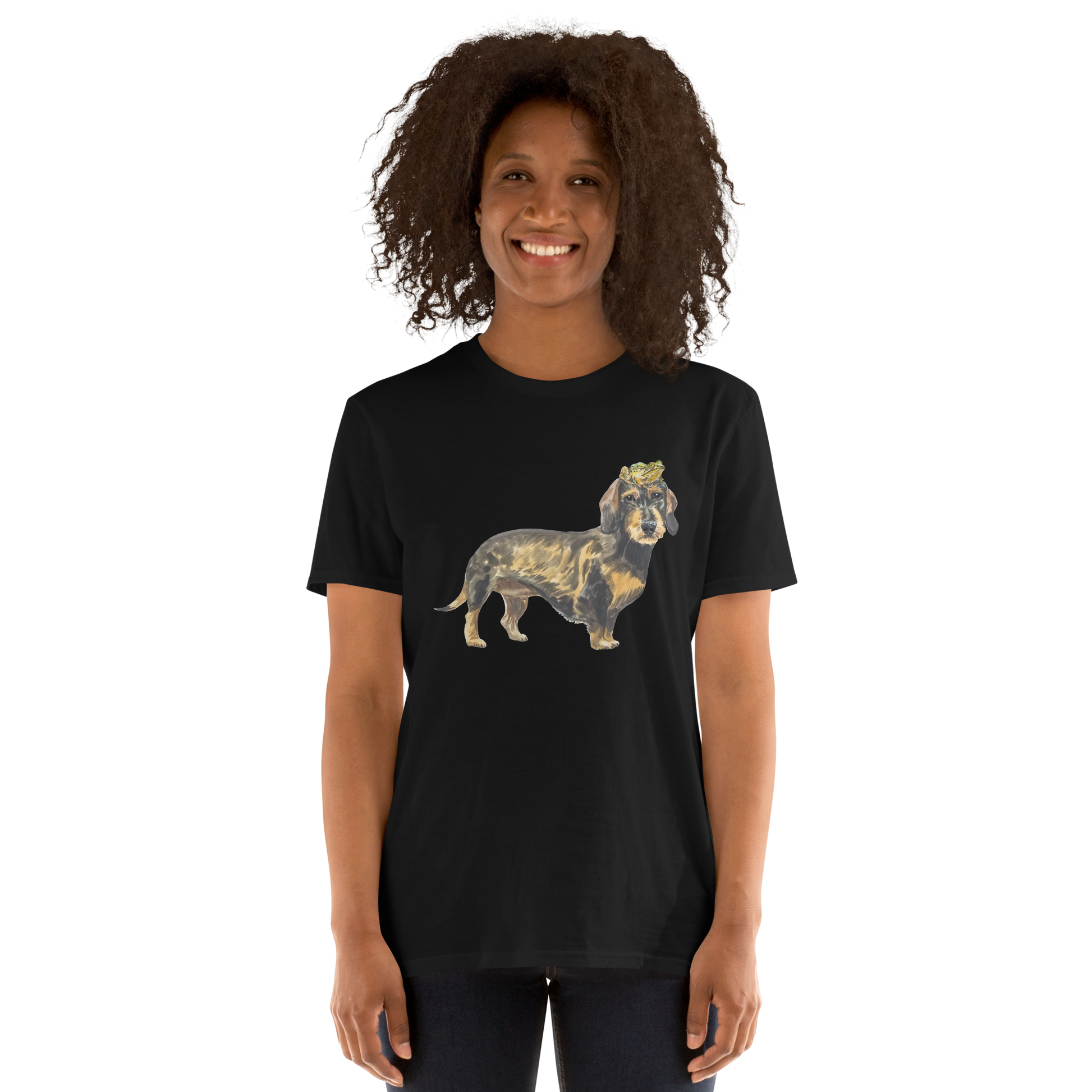 Woman wearing a black Dachshund T-Shirt - Boozy Fox