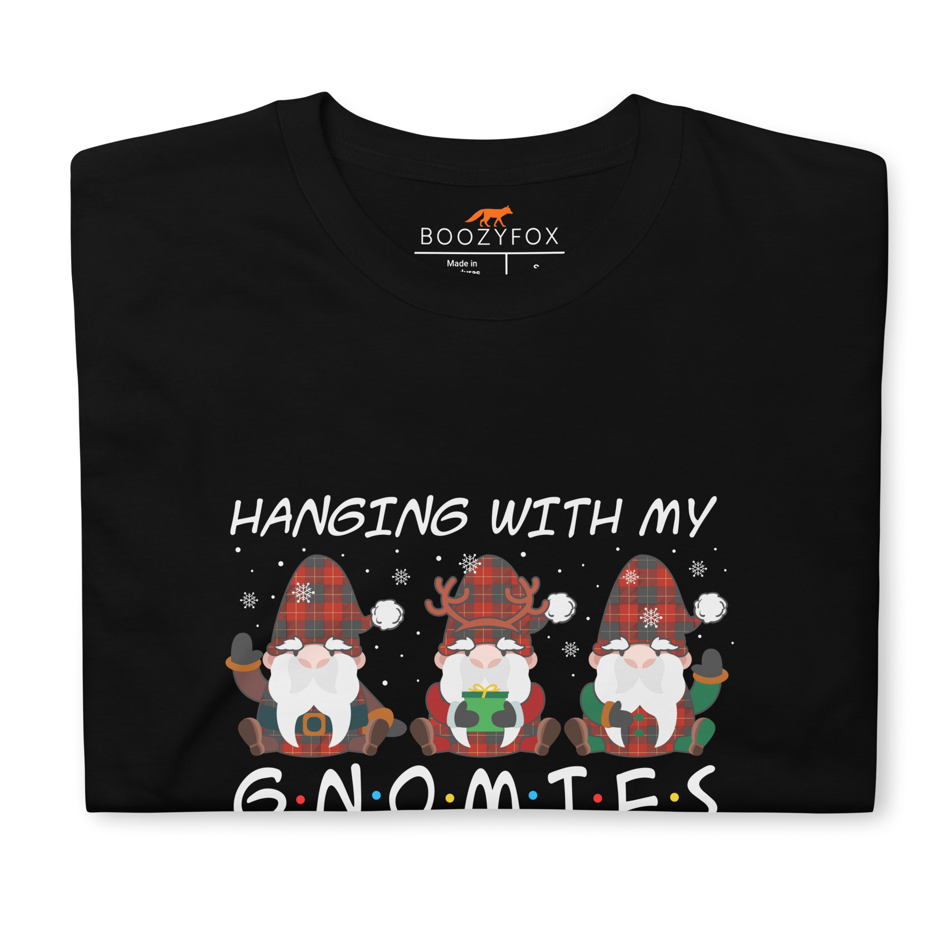 Front details of a black Hanging With My Gnomies T-Shirt - Boozy Fox