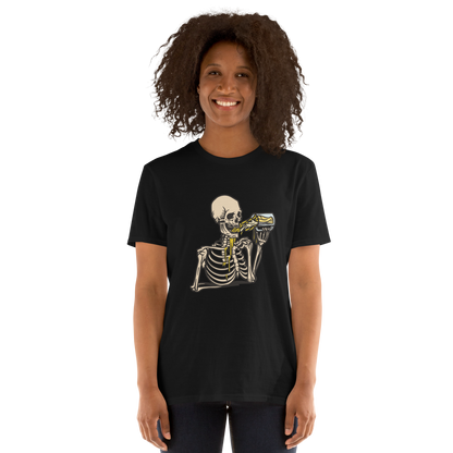 Woman wearing a Black Skeleton Drinking Beer T-Shirt - Boozy Fox