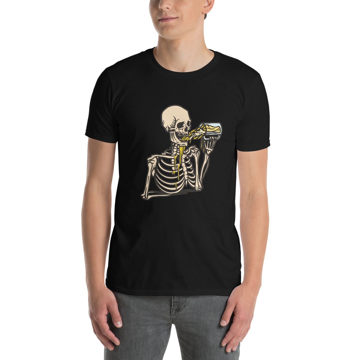 Man wearing a black Skeleton Drinking Beer T-Shirt - Boozy Fox