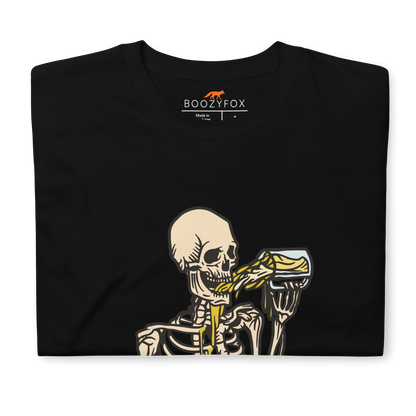 Front details of a Black Skeleton Drinking Beer T-Shirt - Boozy Fox