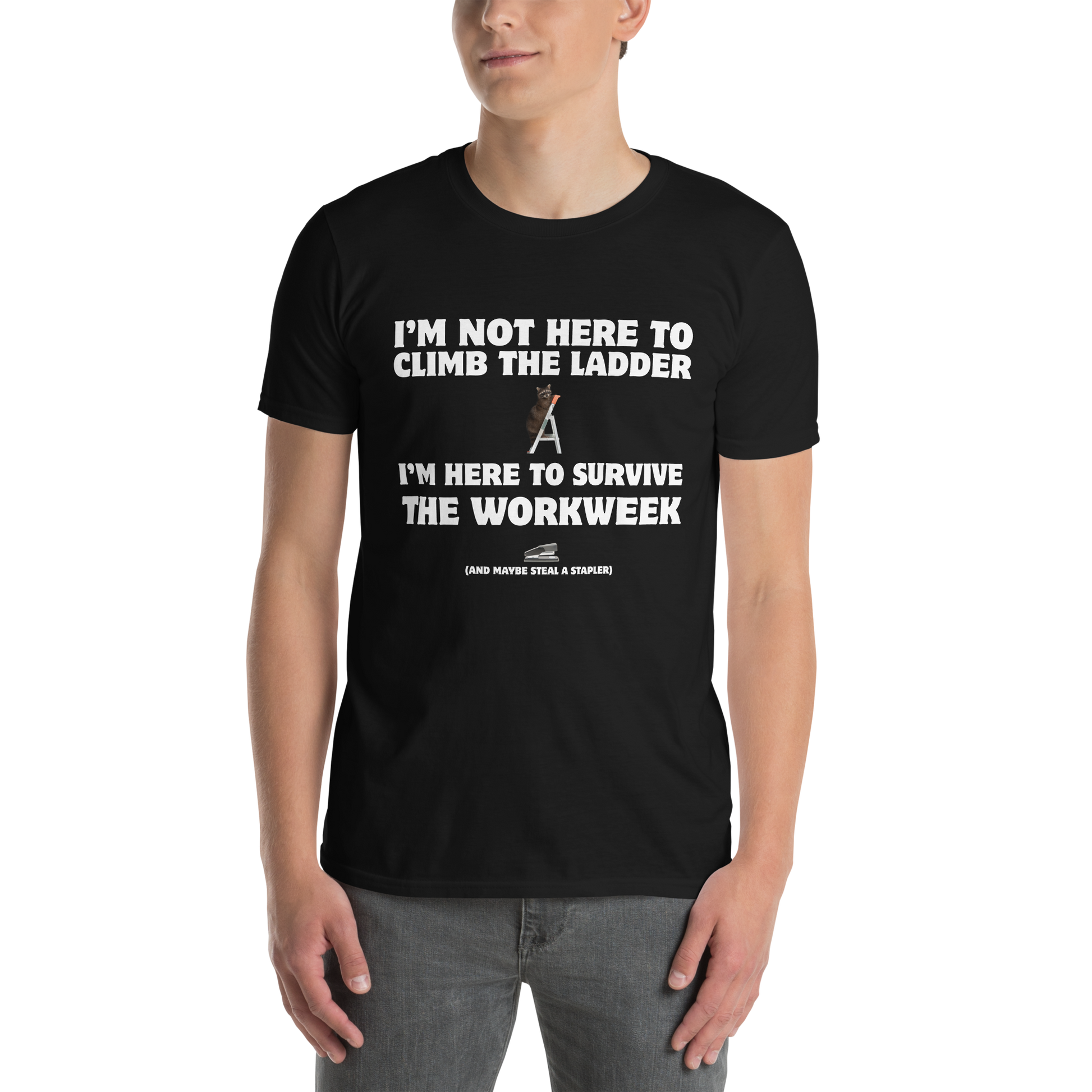 Man wearing a black Not Here to Climb the Ladder Work T-Shirt - Boozy Fox